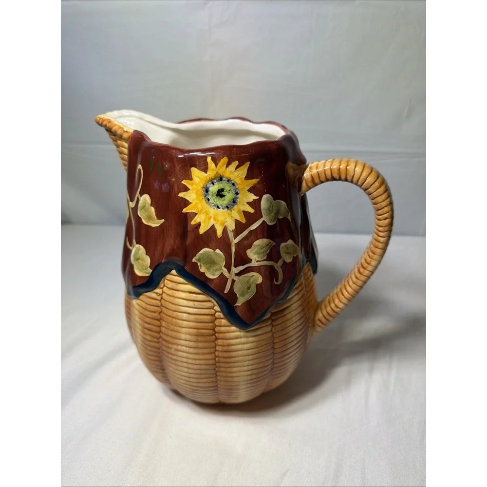 WCL Hand Painted Ceramic Pitcher Basket Weave with Sunflowers 9